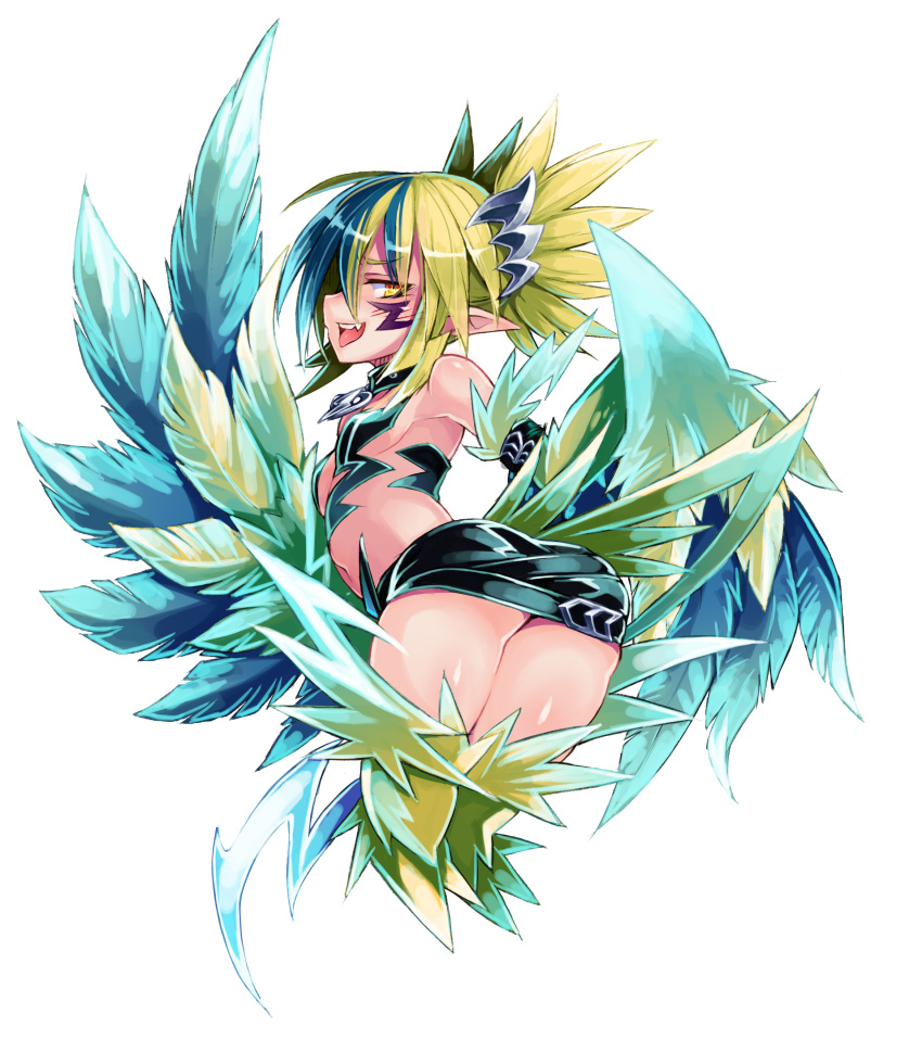 :d absurdres bare_shoulders blonde_hair blue_hair breasts enty_reward female folded_ponytail from_behind full_body harpy highres kenkou_cross looking_at_viewer looking_back miniskirt monster_girl monster_girl_encyclopedia multicolored_hair oerba_yun_fang official_art open_mouth paid_reward pencil_skirt simple_background skirt small_breasts smile solo thunderbird_(monster_girl_encyclopedia) tongue tongue_out tsurime two-tone_hair white_background winged_arms wings