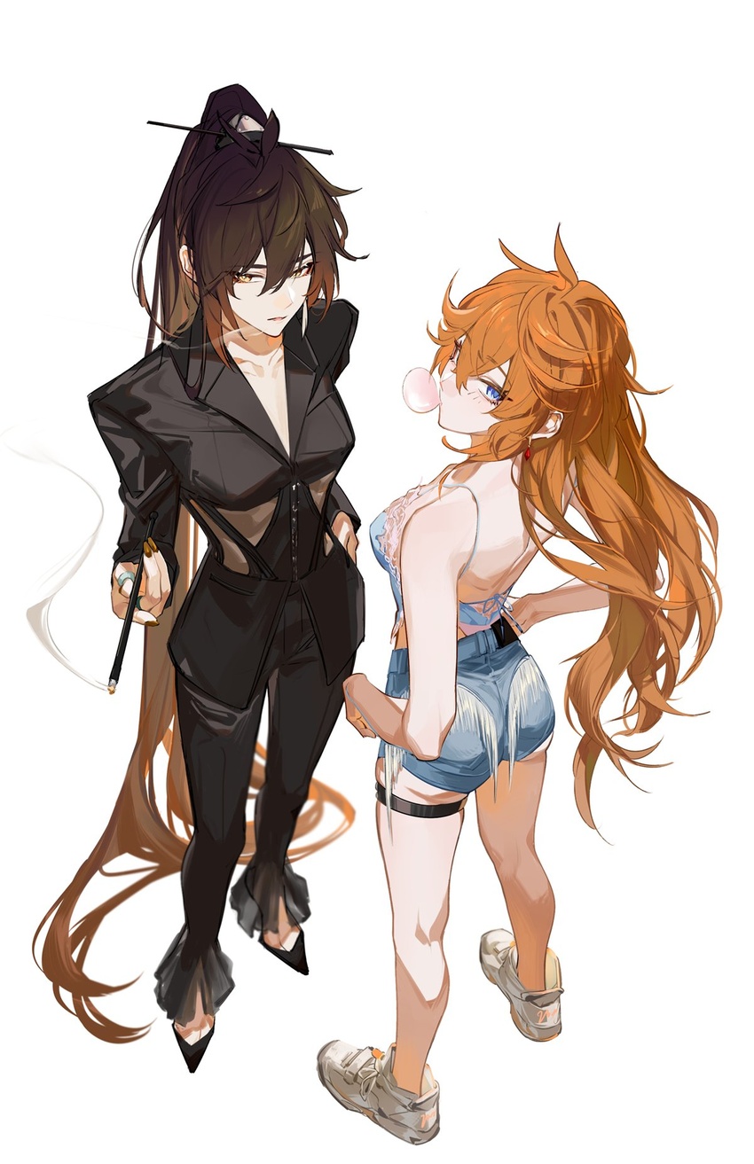 2girls absurdly_long_hair black_footwear black_hair black_jacket black_pants blowing_bubbles blue_eyes blue_shirt blue_shorts brown_hair chewing_gum crop_top denim_shirt genderswap_(mtf) genshin_impact highres jacket long_hair multicolored_hair multiple_girls orange_hair pants qinnye rule_63 shirt shorts smoking smoking_pipe tartaglia_(genshin_impact) very_long_hair white_background white_footwear yellow_eyes zhongli_(genshin_impact)