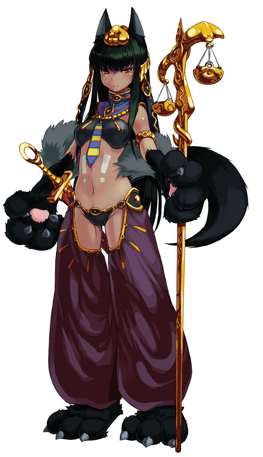 absurdres animal_ears animal_hands anubis_(monster_girl_encyclopedia) balance_scale dark-skinned_female dark_green_hair dark_skin dog_ears egyptian egyptian_mythology enty_reward female full_body green_hair highres jackal kenkou_cross long_hair looking_at_viewer monster_girl monster_girl_encyclopedia navel official_art paid_reward red_eyes sheath sheathed solo staff sword tail transparent_background weapon weighing_scale