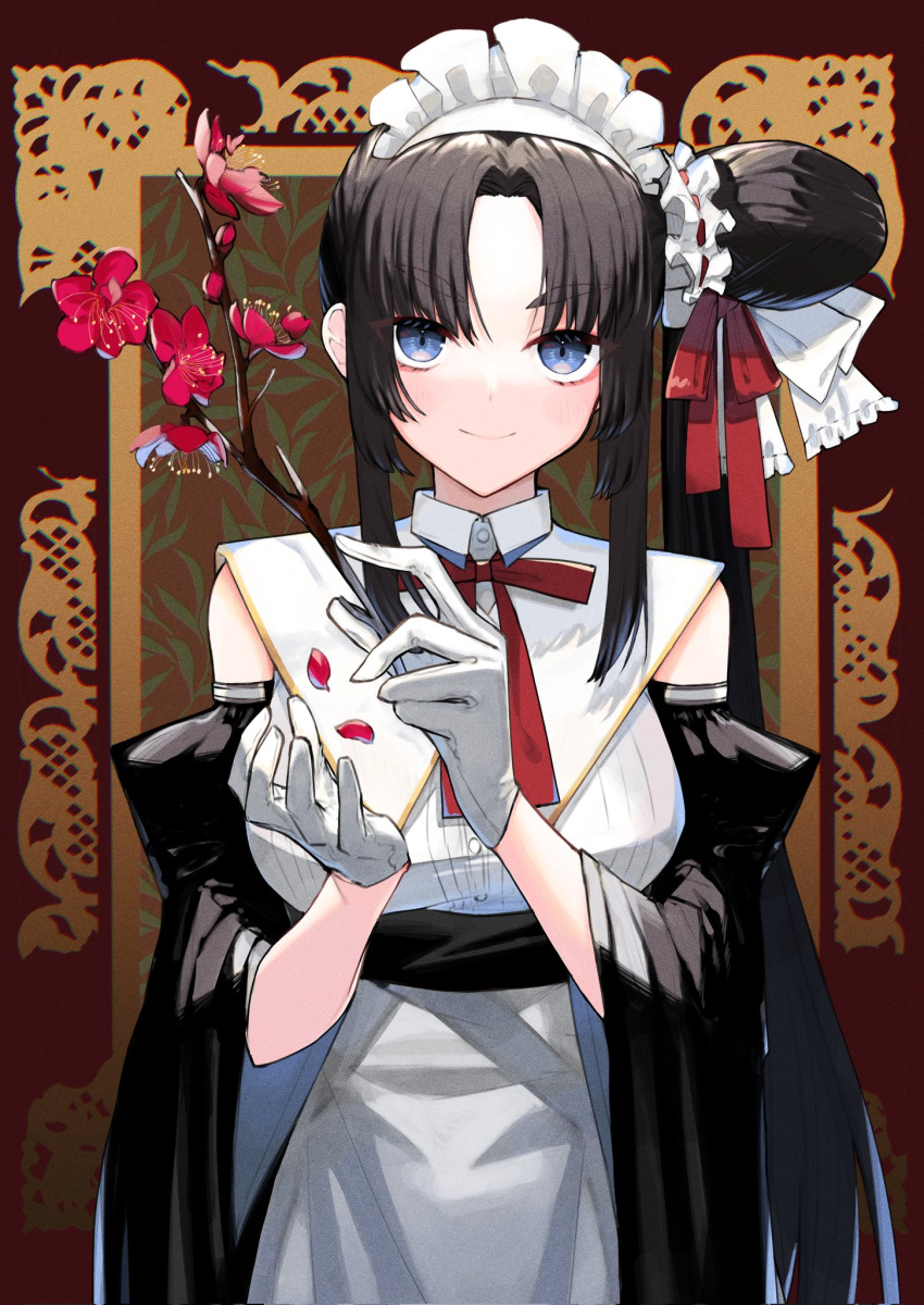 alternate_costume apron black_hair blue_eyes branch breasts closed_mouth commentary detached_sleeves eyebrows_hidden_by_hair falling_petals fate/grand_order fate_(series) female flower gloves hair_bun highres holding holding_branch holding_flower long_bangs long_hair looking_at_viewer maid maid_apron maid_headdress medium_breasts o_mochi_(usami31mi) open_hand petals red_ribbon ribbon side_ponytail single_side_bun smile solo ushiwakamaru_(fate) white_gloves white_headwear wide_sleeves