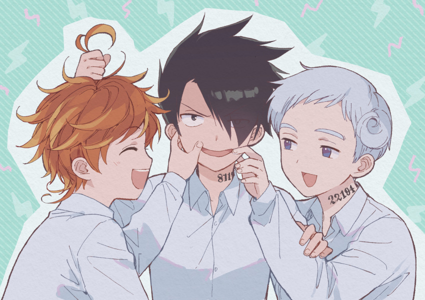 2boys ahoge arm_up azuki_(aduki) black_eyes black_hair blue_eyes closed_eyes emma_(yakusoku_no_neverland) female forced_smile grabbing_another's_hair green_background hair_over_one_eye hand_on_another's_arm hand_on_another's_face highres lightning_bolt_symbol long_sleeves multiple_boys neck_tattoo norman_(yakusoku_no_neverland) number_tattoo open_mouth orange_hair ray_(yakusoku_no_neverland) shirt short_hair striped striped_background tattoo teeth upper_body upper_teeth_only wavy_hair white_hair white_shirt yakusoku_no_neverland