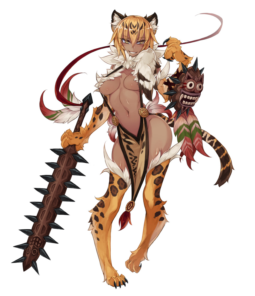 absurdres animal_ears animal_hands breasts cleavage club_(weapon) dark-skinned_female dark_skin enty_reward feathers female full_body fur_collar grin hair_between_eyes highres kenkou_cross light_brown_hair loincloth looking_at_viewer macuahuitl mask medium_breasts monster_girl monster_girl_encyclopedia navel ocelomeh_(monster_girl_encyclopedia) official_art paid_reward photoshop_(medium) short_hair simple_background slit_pupils smile solo spiked_club tail weapon white_background yellow_eyes