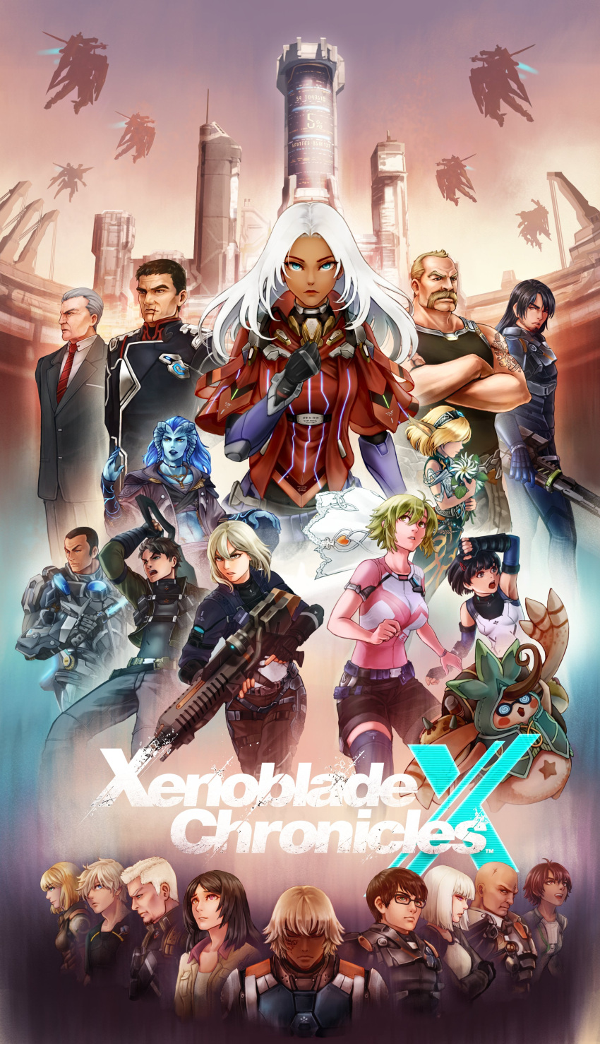 6+boys 6+girls absurdres alexa_(xenoblade_x) assault_rifle bald black_hair blonde_hair blue_skin boze_lowes breasts brown_hair celica_(xenoblade_x) city colored_skin commission cross_(xenoblade_x) crossed_arms doug_barrett elma_(xenoblade_x) energy_sword flower formal frye_christoph glasses gun gwin_evans h.b._(xenoblade_x) highres holding holding_weapon hope_alanzi irina_akulov l'cirufe lao_huang large_breasts lilithcosa lin_lee_koo logo maurice_chausson mecha mia_(xenoblade_x) multiple_boys multiple_girls murderess_(xenoblade_x) nagi_kentarou nopon outdoors phog_christoph rifle robot scar scar_on_face scar_on_mouth short_hair skell_(xenoblade_x) small_breasts suit sword tatsu_(xenoblade_x) tower twilight vandham_(xenoblade_x) weapon white_hair xenoblade_chronicles_(series) xenoblade_chronicles_x yelv