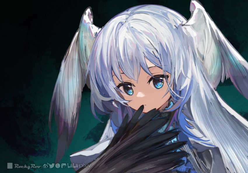 arknights artist_name bilibili_logo black_wings blue_hair closed_mouth feathered_wings female gradient_background green_background head_wings highres lofter_logo long_hair looking_at_viewer personification pixiv_logo portrait rockyroo solo the_endspeaker_(arknights) twitter_logo weibo_logo white_wings wings