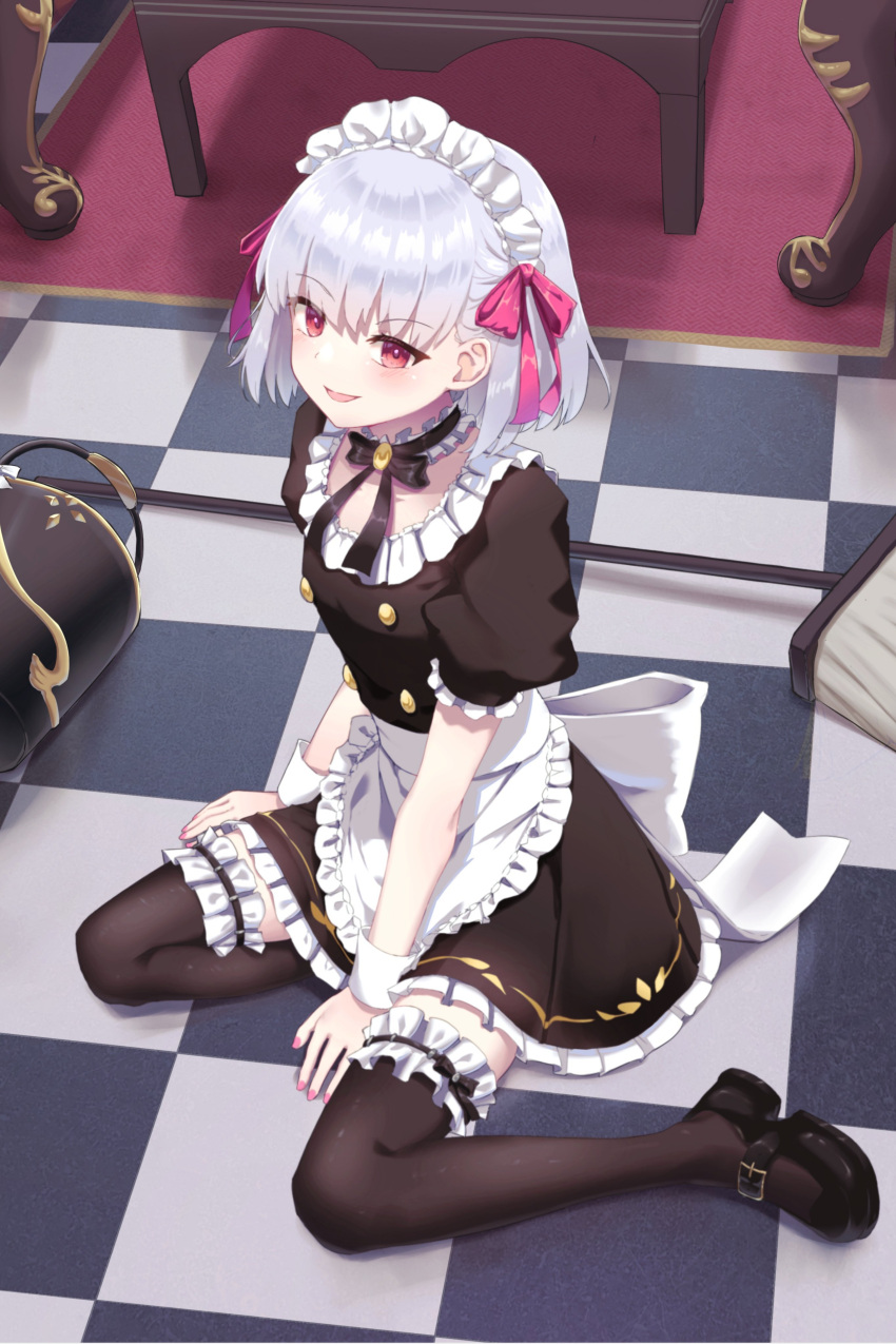 absurdres apron black_dress black_footwear black_ribbon black_thighhighs blush broom bucket detached_collar dress fate/grand_order fate/grand_order_arcade fate_(series) female fingernails frilled_dress frilled_thighhighs frills hair_ribbon highres indoors kama_(fate) kama_(mistake)_(fate) looking_at_viewer lucky_ckm maid maid_headdress neck_ribbon on_floor open_mouth pink_nails pink_ribbon puffy_short_sleeves puffy_sleeves red_eyes revision ribbon shoes short_hair short_sleeves sitting smile solo thighhighs waist_apron white_apron white_hair wrist_cuffs