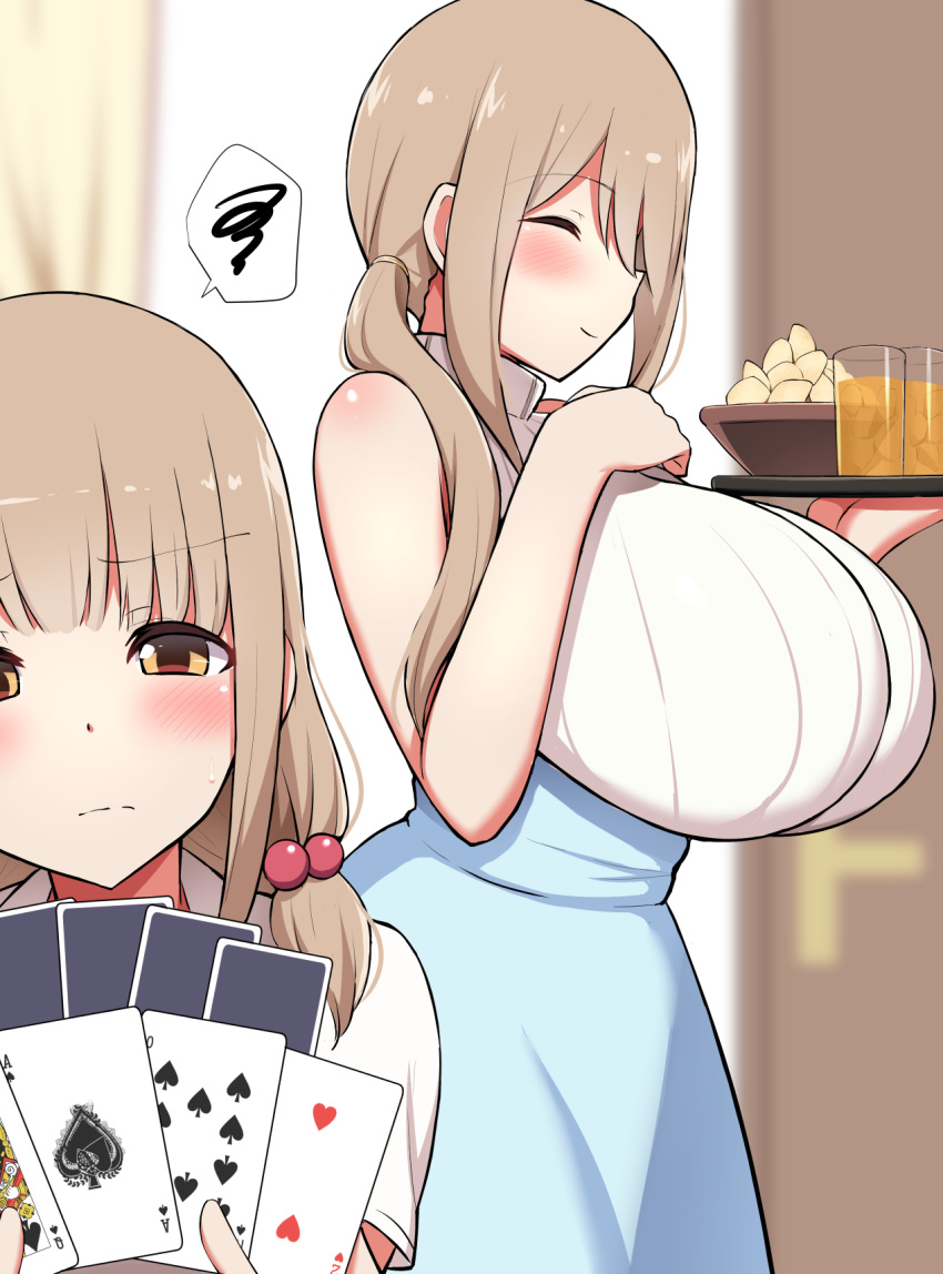 2girls bare_shoulders blonde_hair blue_skirt blush bowl breasts card closed_eyes closed_mouth commentary cup curtains drinking_glass food hanabi_(ocha) hands_on_own_chest highres holding holding_tray huge_breasts large_breasts long_hair low_tied_hair mature_female multiple_girls original playing_card pov ribbed_shirt shirt sidelocks skirt sleeveless sleeveless_shirt smile snack tray turtleneck