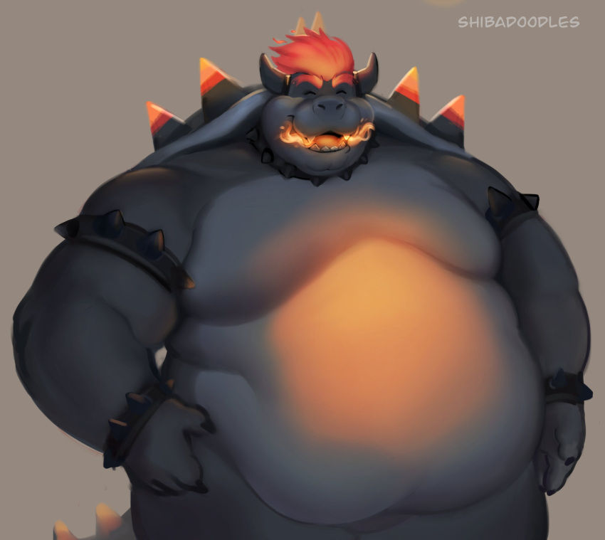 2021 2_horns anthro belly black_body bowser bowser's_fury closed_eyes fury_bowser hi_res horn koopa male mario_bros moobs nintendo obese obese_anthro obese_male overweight overweight_anthro overweight_male scalie shibadoodles simple_background solo