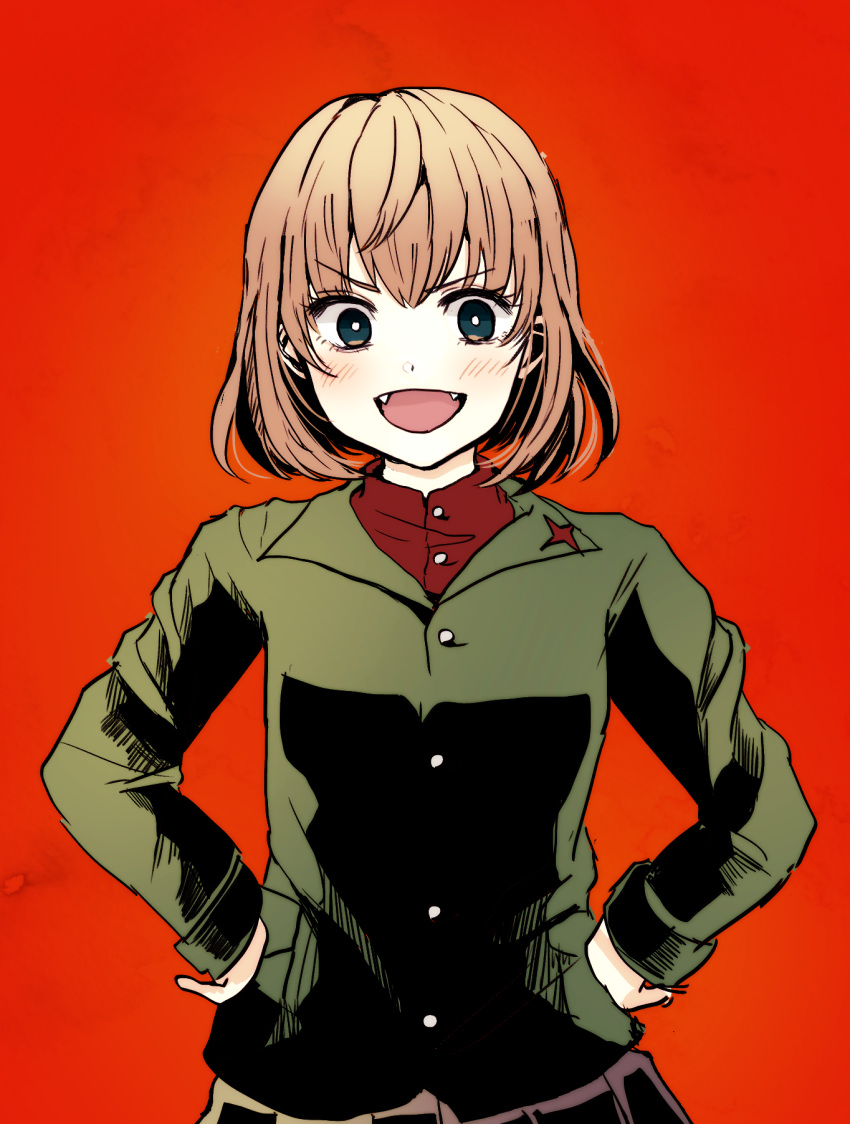 :d arai_ako black_skirt blonde_hair blue_eyes bright_pupils commentary fangs female girls_und_panzer green_jacket highres insignia jacket katyusha_(girls_und_panzer) light_blush long_sleeves looking_at_viewer open_mouth pleated_skirt pravda_school_uniform red_background red_shirt school_uniform shirt short_hair simple_background skirt smile solo standing turtleneck v-shaped_eyebrows white_pupils