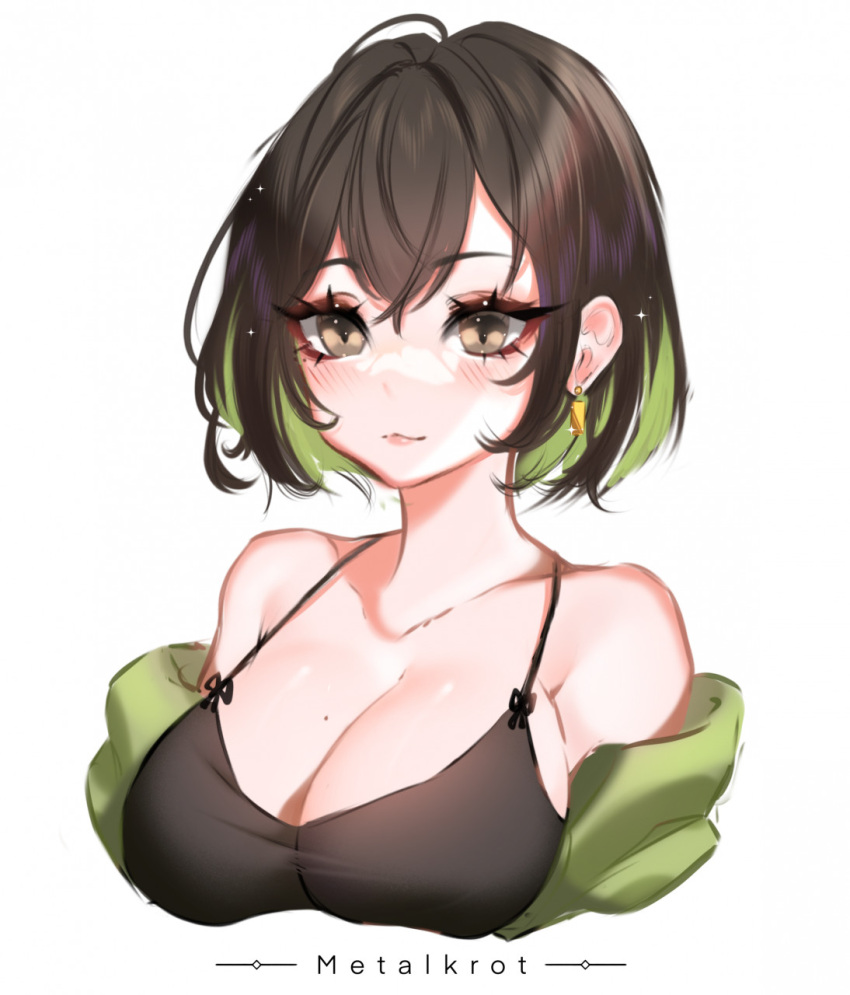 artist_name black_camisole blush borrowed_character breasts brown_eyes brown_hair camisole cleavage collarbone earrings english_commentary female green_hair green_jacket hair_behind_ear highres jacket jewelry large_breasts metalkrot miru_(ormille) mole mole_on_breast multicolored_hair off_shoulder original portrait smile solo streaked_hair upper_body white_background