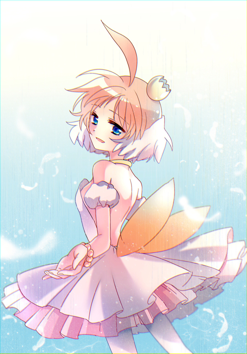 absurdres ahoge backless_dress backless_outfit ballerina ballet bead_bracelet beads blue_background blue_eyes bracelet crown dress feathers female highres huge_ahoge jewelry looking_at_viewer necklace open_mouth pantyhose princess_tutu princess_tutu_(character) short_hair solo suzuki_(2red_moon3) tutu