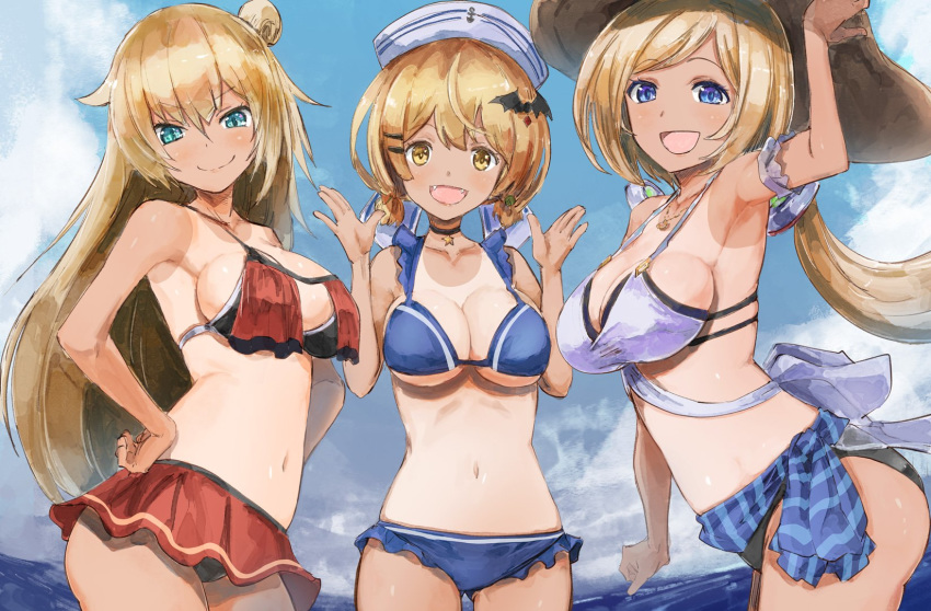 3girls akai_haato akai_haato_(hololive_summer_2019) aki_rosenthal aki_rosenthal_(hololive_summer_2019) anchor_print arm_scrunchie armpits bare_shoulders bat_hair_ornament bikini bikini_skirt blonde_hair blue_bikini blue_eyes breast_curtains breasts choker cleavage closed_mouth collarbone color_connection commentary_request detached_hair fangs hair_between_eyes hair_color_connection hair_ornament hairclip hand_on_own_hip hat highres hololive large_breasts long_hair looking_at_viewer medium_breasts medium_hair mismatched_bikini multiple_girls navel official_alternate_costume one-piece_tan open_mouth red_bikini smile sun_hat swimsuit tan tanlines virtual_youtuber yellow_eyes yohane yozora_mel yozora_mel_(hololive_summer_2019)