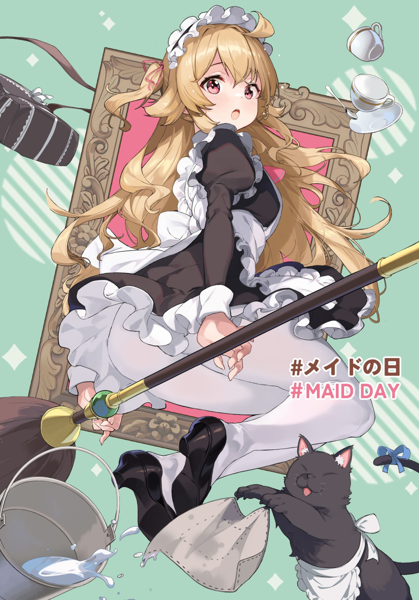 :o absurdres ahoge alternate_costume apron arms_behind_back ass black_cat black_dress blonde_hair blue_ribbon blush broom broom_riding bucket cup curly_hair dress enmaided feline female frilled_apron frilled_dress frills from_behind from_side full_body green_background hair_between_eyes high_heels highres legs legs_folded little_witch_nobeta long_hair looking_at_viewer looking_back maid maid_apron maid_day maid_headdress nobeta official_art one_side_up oneko open_mouth pantyhose phyllis_(cat)_(little_witch_nobeta) phyllis_(little_witch_nobeta) picture_frame red_eyes red_ribbon ribbon solo spilling surprised tail tail_ornament tail_ribbon teacup teeth thighs upper_teeth_only upskirt very_long_hair waist_apron water white_apron white_pantyhose witch