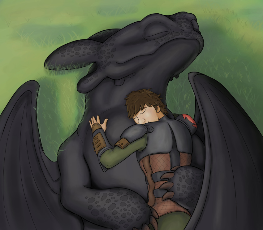 black_body black_scales closed_eyes clothing cuddling dragon dreamworks duo ekayas european_mythology feral fury_(httyd) head_on_chest hi_res hiccup_horrendous_haddock_iii how_to_train_your_dragon hug human interspecies male male/male mammal membrane_(anatomy) mythological_creature mythological_scalie mythology night_fury scales scalie size_difference sleeping toothless western_dragon wings