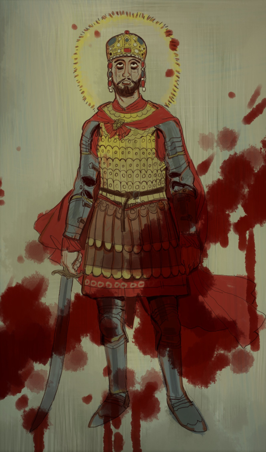 1boy absurdres armor armored_boots beard black_eyes blood boots breastplate byzantine_empire cape constantine_xi contrapposto crown crying crying_with_eyes_open facial_hair full_body greco-roman_clothes halo highres holding holding_sword holding_weapon korean_commentary lamellar_armor looking_up male_focus mossacannibalis open_mouth parted_lips real_life red_cape roman_clothes scale_armor scimitar solo standing sword tears upturned_eyes weapon