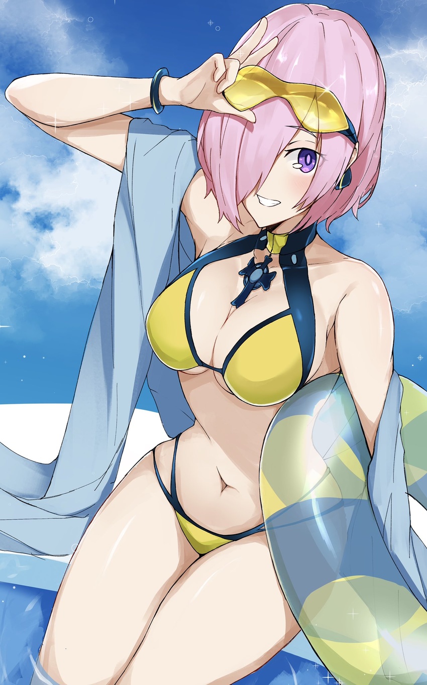 bare_shoulders bikini blue_sky blush breasts cleavage collarbone day earpiece fate/grand_order fate_(series) female goggles goggles_on_head grin hair_over_one_eye highres innertube large_breasts light_purple_hair looking_at_viewer mash_kyrielight mash_kyrielight_(dive_to_blue) nanakaku navel official_alternate_costume purple_eyes short_hair sky smile swim_ring swimsuit thighs wet yellow_bikini