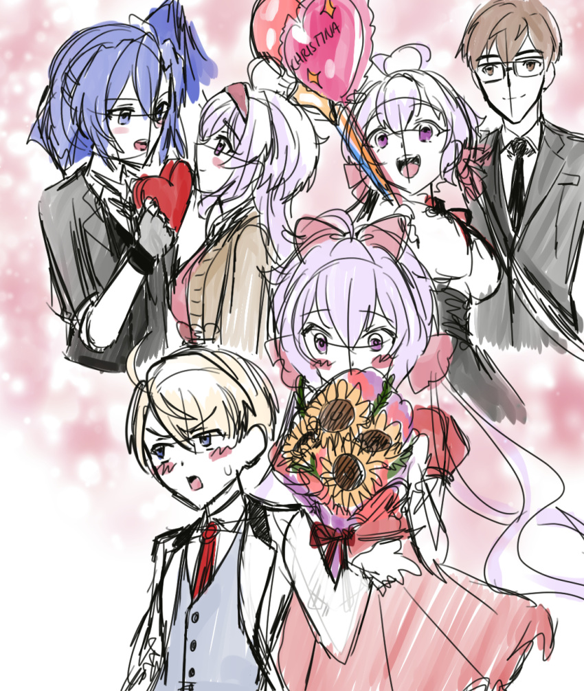 axia-chan balloon blonde_hair blue_hair blush bow breasts brown_hair business_suit cleavage fingerless_gloves flower formal glasses gloves hair_ornament headband heart_balloon highres jacket_rolled_up kazanari_tsubasa kazanari_tsubasa_(another) large_breasts long_hair mario_gallo_bestino medium_breasts multiple_girls necktie ogawa_shinji_(symphogear) open_mouth ponytail ribbon senki_zesshou_symphogear senki_zesshou_symphogear_xd_unlimited short_hair smile suit sunflower sweater thighhighs tsukihime tsukihime_(remake) unfinished white_day white_hair yukine_chris yukine_chris_(another) yukine_christina