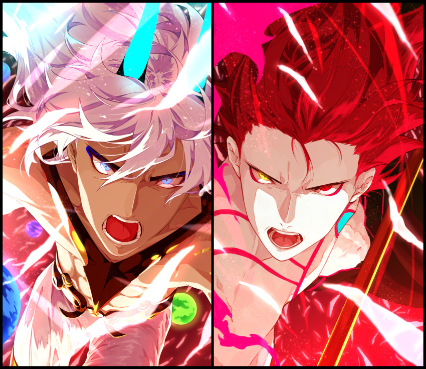 2boys abs alternate_costume alternate_hairstyle angry arjuna_(fate) arjuna_alter_(fate) bishounen blue_eyes chest_tattoo commentary dark-skinned_male dark_skin earrings fate/apocrypha fate/grand_order fate_(series) fighting_stance fuka_(hk_nemo) glowing_horns hair_between_eyes heterochromia highres horns jewelry karna_(fate) lance long_hair looking_at_viewer male_focus multiple_boys open_mouth pale_skin polearm red_hair split_screen super_karna_(fate) symbol-only_commentary tail tattoo toned toned_male topless_male upper_body weapon white_hair yellow_eyes