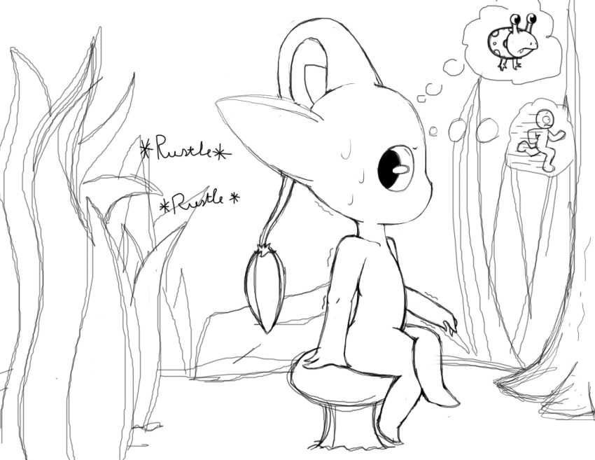 ambiguous_gender anthro anthrofied beast_(pikmin) big_ears black_and_white bodily_fluids bulborb elemental_creature flora_fauna fungus monochrome mouthless mushroom nintendo onomatopoeia pikmin pikmin_(species) plant running rustling scared shaking shivering sitting sketch solo sound_effects source_request sweat text thinking thought_bubble tree unfinished worried xxmysteryxx yellow_pikmin