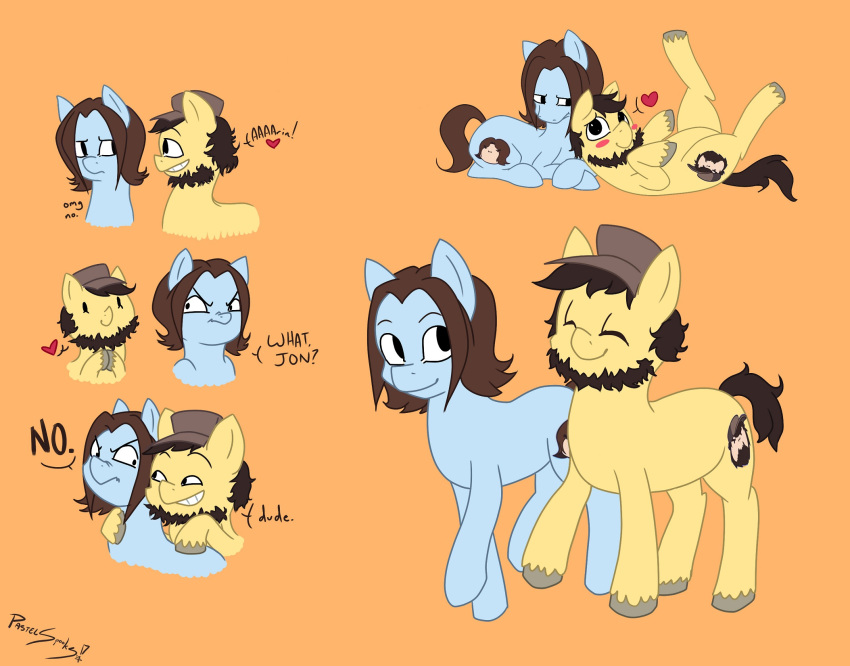 arin_hanson beard blush clothing cutie_mark dialogue duo english_text equid equine facial_hair game_grumps hair hasbro hat headgear headwear heart_symbol hi_res horse human jon_jafari male mammal my_little_pony parody pastelspooks pony text