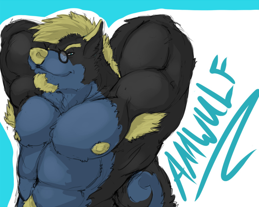 5:4 ammy amwulf anthro areola armpit_hair biceps big_muscles black_and_blue black_body black_fur blonde_eyebrows blonde_hair blue_body blue_fur body_hair canid canine canis eyebrows eyewear fur hair hands_behind_head happy_trail looking_at_viewer male mammal multicolored_body multicolored_fur muscular muscular_anthro muscular_male narrowed_eyes nipples nude solo tuft wolf yellow_areola yellow_nipples yellow_nose yellow_tuft