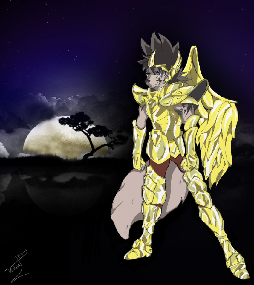 anthro armor biped canid canine canis cloth_(saint_seiya) feathered_wings feathers headgear helmet hi_res male mammal moon night outside pose saint_seiya solo standing toei_animation voshiket wings wolf