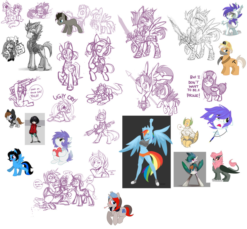 2013 alicorn anthro anthrofied armor art_dump avian beak blue_body blue_feathers blue_fur breasts clothing cutie_mark dialogue duo english_text equid equine fan_character feathered_wings feathers female food friendship_is_magic fur gas_mask gijinkafied grey_wings group gryphon gun hair hasbro heart_symbol horn icepack lamp lantern male mammal mask melee_weapon mic_the_microphone miner multicolored_hair multiple_images my_little_pony mythological_avian mythological_creature mythological_equine mythology pegasus pickaxe pickle_(food) pink_wings polearm rainbow_dash_(mlp) rainbow_hair ranged_weapon royal_guard_(mlp) scientific_instrument simple_background solo spear sword tail tail_tuft text thermometer tuft unicorn unknown_artist weapon weather_instrument white_background wings