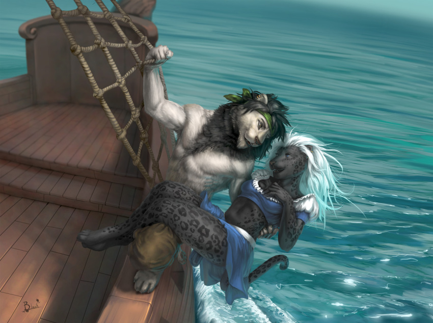 abs anthro armpit_hair bandana biceps black_body black_fur black_hair body_hair bottomwear clothed clothing duo felid female fur hair holding_object kerchief leopard lion lion21 male mammal melanistic muscular outside pantherine pants pecs piercing pirate pose romantic romantic_couple sea ship ship_deck skimpy topless vehicle water watercraft white_body white_fur white_hair