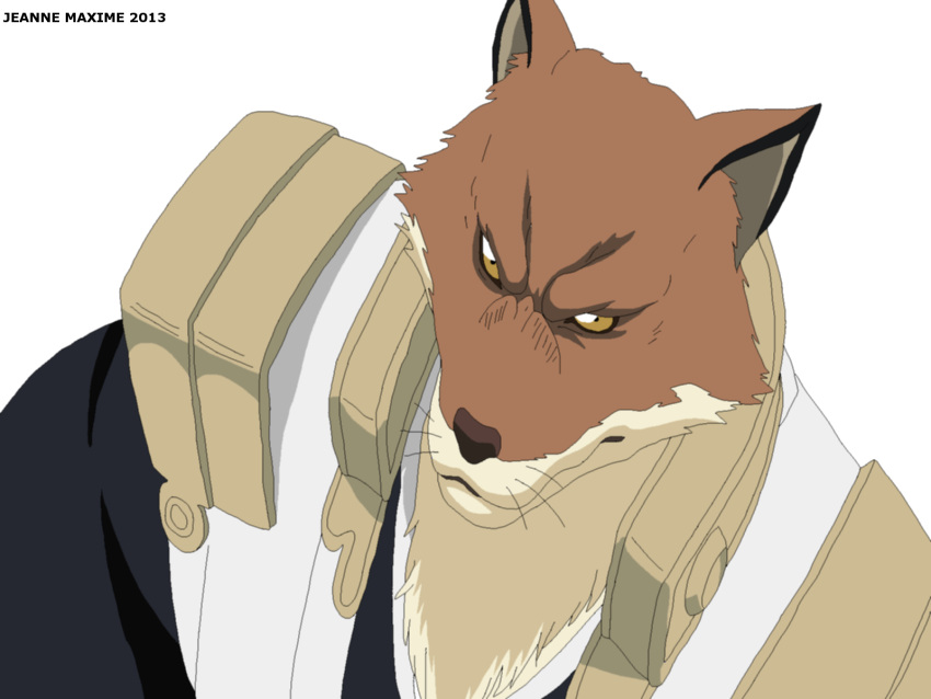 2013 4:3 alpha_channel anthro bleach_(series) brown_body brown_fur canid canine canis clothing fur hi_res looking_at_viewer male mammal maxime-jeanne pose sajin_komamura simple_background solo transparent_background wolf yellow_eyes