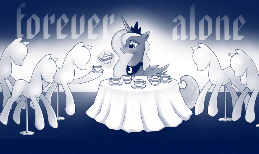 2013 alicorn beverage blue_body blue_feathers container crown cup english_text equid equine feathered_wings feathers female feral food friendship_is_magic furniture hair hasbro headgear horn lonely magic mammal mannequin my_little_pony mythological_creature mythological_equine mythology princess_luna_(mlp) rainbow_(artist) royalty sad solo table tea tea_cup teapot text wings