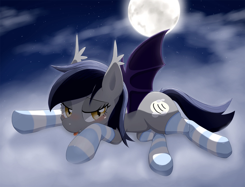 aymint bat_pony bat_wings bedroom_eyes blush clothing cloud cool_colors cutie_mark echo_(zee66) equid equine fan_character fangs female feral footwear full_moon hair half-closed_eyes hasbro horse legwear looking_at_viewer lying mammal membrane_(anatomy) membranous_wings moon my_little_pony narrowed_eyes night outside seductive sky skyscape smile socks solo spread_legs spreading star stockings teeth thestral tongue tongue_out wings yellow_eyes