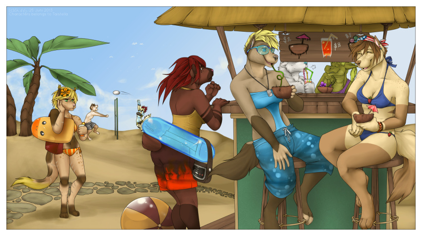 alliy anthro beach bear bendy_straw beverage blonde_hair blue_eyes border breasts brown_eyes brown_hair canid canine canis cleavage clothed clothing coconut coconut_drink crocodile crocodilian crocodylid detailed_background detts domestic_dog drinking_straw drupe_(fruit) eyewear female food fruit glasses green_eyes green_hair group hair herding_dog hi_res male mammal outside pastoral_dog plant polar_bear red_hair reptile ruru sand scalie seaside straw_(disambiguation) swimwear tai ursine welsh_corgi white_border