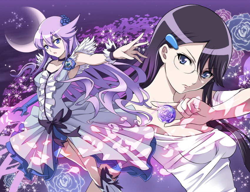 black_choker blue_eyes blue_flower blue_rose boots bow breasts brooch choker commentary_request cure_moonlight cure_moonlight_pose dress dual_persona elbow_gloves female flower glasses gloves gradient_hair hair_flower hair_ornament hairclip heart heart_brooch heartcatch_precure! henshin jewelry knee_boots long_hair magical_girl medium_breasts moon multicolored_hair petals precure purple_hair rose seven_(11) single_elbow_glove single_glove sparkle tsukikage_yuri waist_bow wrist_cuffs