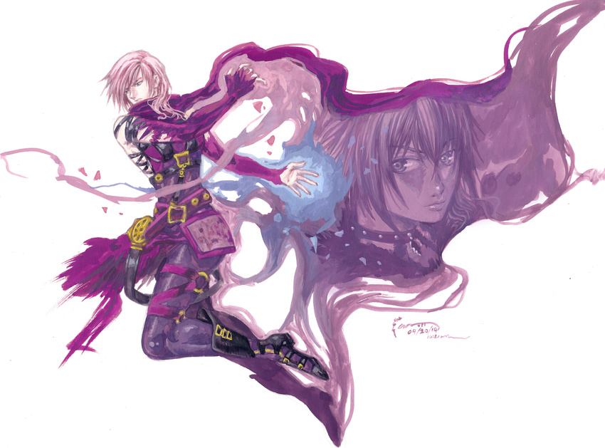 éclair_farron 2girls absurdres belt belts boots final_fantasy final_fantasy_xiii gloves highres lightning_returns:_final_fantasy_xiii lumina_(ffxiii) multiple_girls nick-ian pink_hair scarf strap