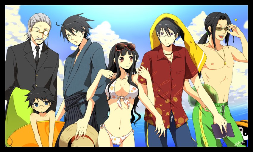 5boys ahoge arm_grab bad_id bad_pixiv_id beach bikini bird black_hair blue_eyes blunt_bangs book breasts butler cameltoe cleavage cloud commentary_request day eyewear_on_head facial_hair family female formal front-tie_top glasses green_eyes grey_hair groin hakama hakama_skirt hat height_difference itoshiki_kei itoshiki_majiru itoshiki_mikoto itoshiki_nozomu itoshiki_rin japanese_clothes kimono lolicon long_hair medium_breasts milcho monocle monocle_chain moustache multiple_boys one_eye_closed outdoors penguin ponytail purple_eyes sayonara_zetsubou_sensei short_hair siblings side-tie_bikini_bottom skirt sky straw_hat suit sunglasses surfboard swimsuit tokita_(szs) towel towel_on_head unworn_hat unworn_headwear water wavy_hair