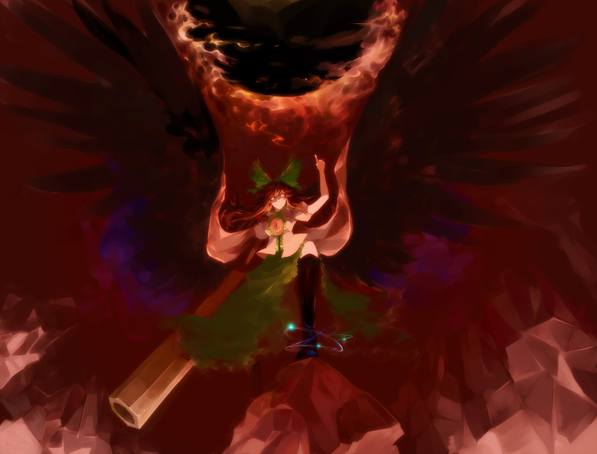 ann606 arm_cannon black_hair bow commentary english_commentary female fire long_hair photoshop_(medium) reiuji_utsuho smile solo touhou weapon wings