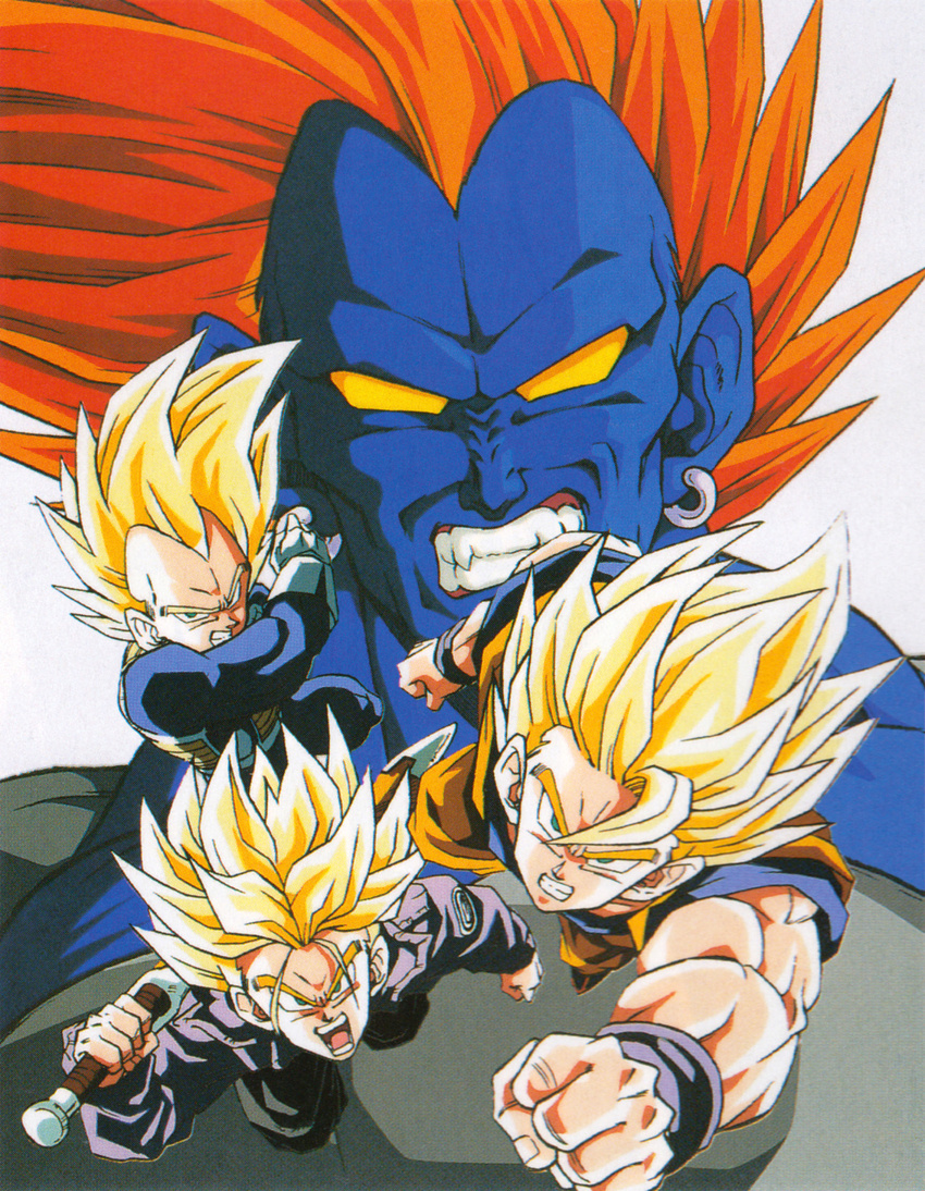 4boys 90s android android_13 dragon_ball dragon_ball_z energy evil fangs flying looking_at_viewer male_focus multiple_boys muscle orange_hair scan serious solo son_gokuu super_saiyan sworld trunks_(dragon_ball) vegeta weapon