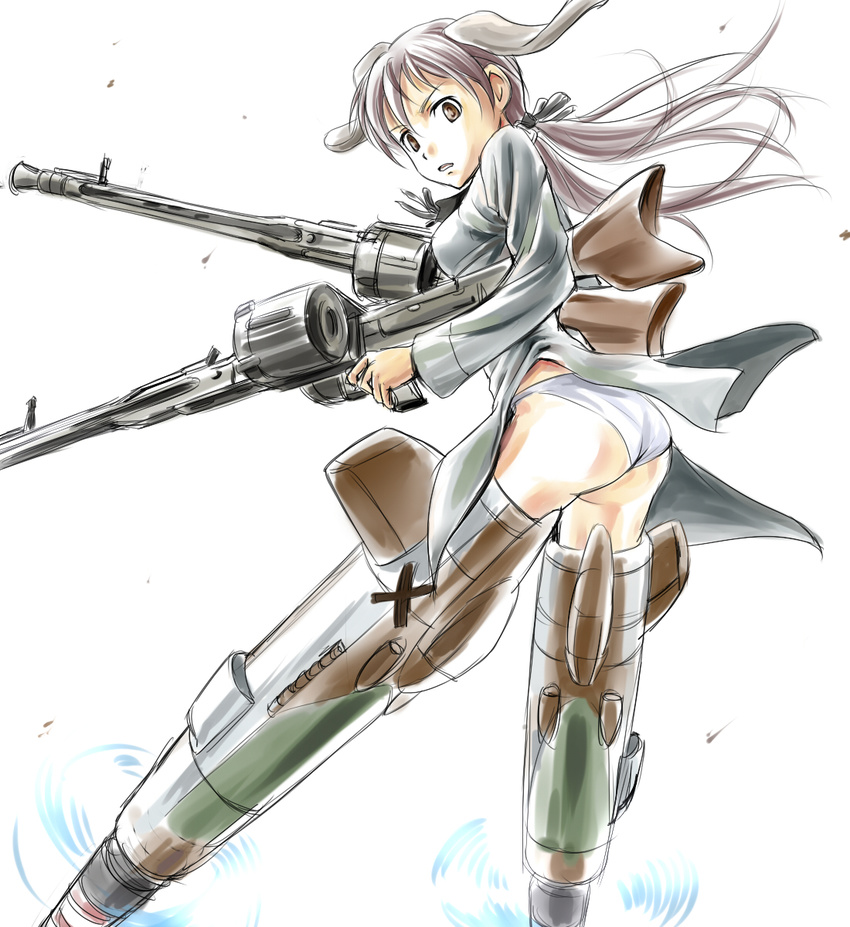 animal_ears ass brown_eyes brown_hair commentary_request dog_ears dog_girl drum_magazine dual_wielding female gertrud_barkhorn gun highres holding long_hair looking_back machine_gun magazine_(weapon) military military_uniform munmun open_mouth panties simple_background solo strike_witches striker_unit twintails underwear uniform weapon white_panties world_witches_series