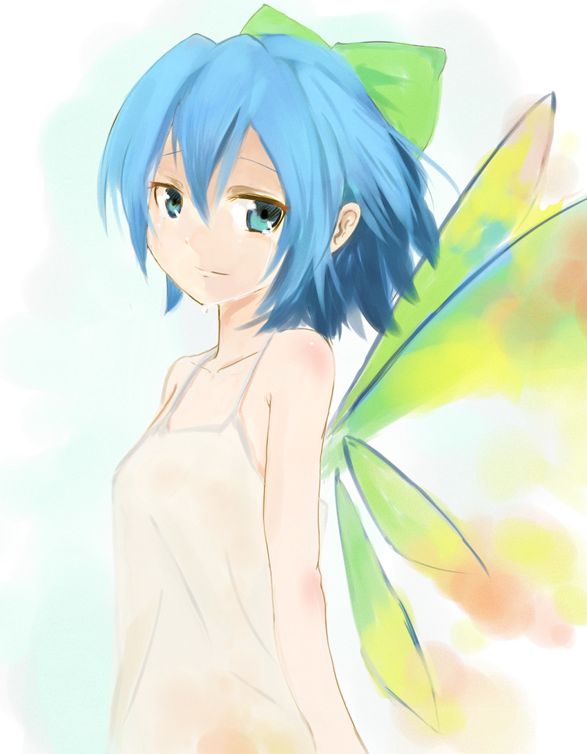 alternate_wings aqua_eyes bare_shoulders blue_eyes blue_hair bow cirno commentary_request dress fairy_wings female hairbow highres light_smile partial_commentary short_hair solo sundress tears touhou wings yammy_(cellblo)