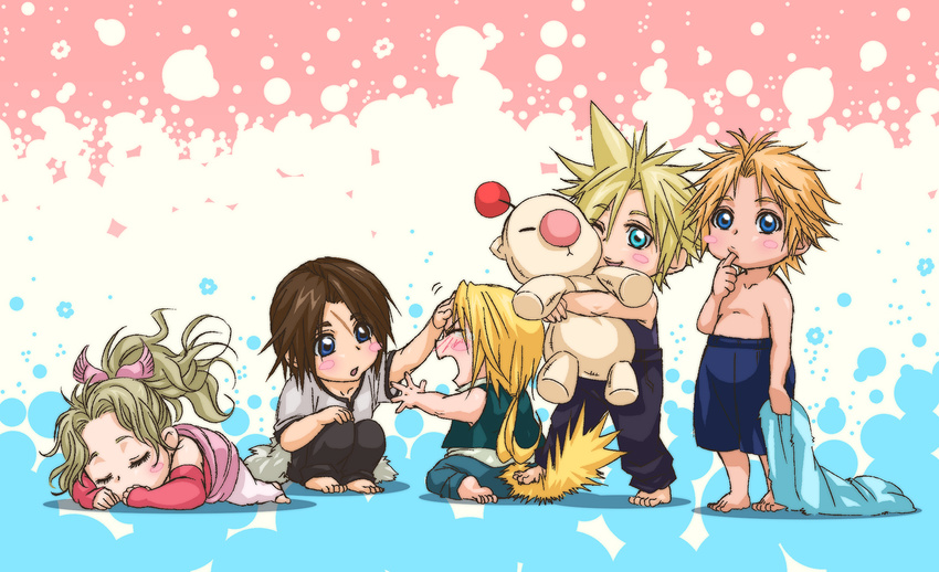 4boys applemac blonde_hair blue_eyes blush_stickers brown_hair closed_eyes cloud_strife commentary_request dissidia_final_fantasy female final_fantasy final_fantasy_ix final_fantasy_vi final_fantasy_vii final_fantasy_viii final_fantasy_x green_hair highres hug in-franchise_crossover kneeling lolicon lying moogle multiple_boys photoshop_(medium) ponytail scar sitting sleeping spiked_hair squall_leonhart stuffed_animal stuffed_toy tail terra_branford tidus topless zidane_tribal