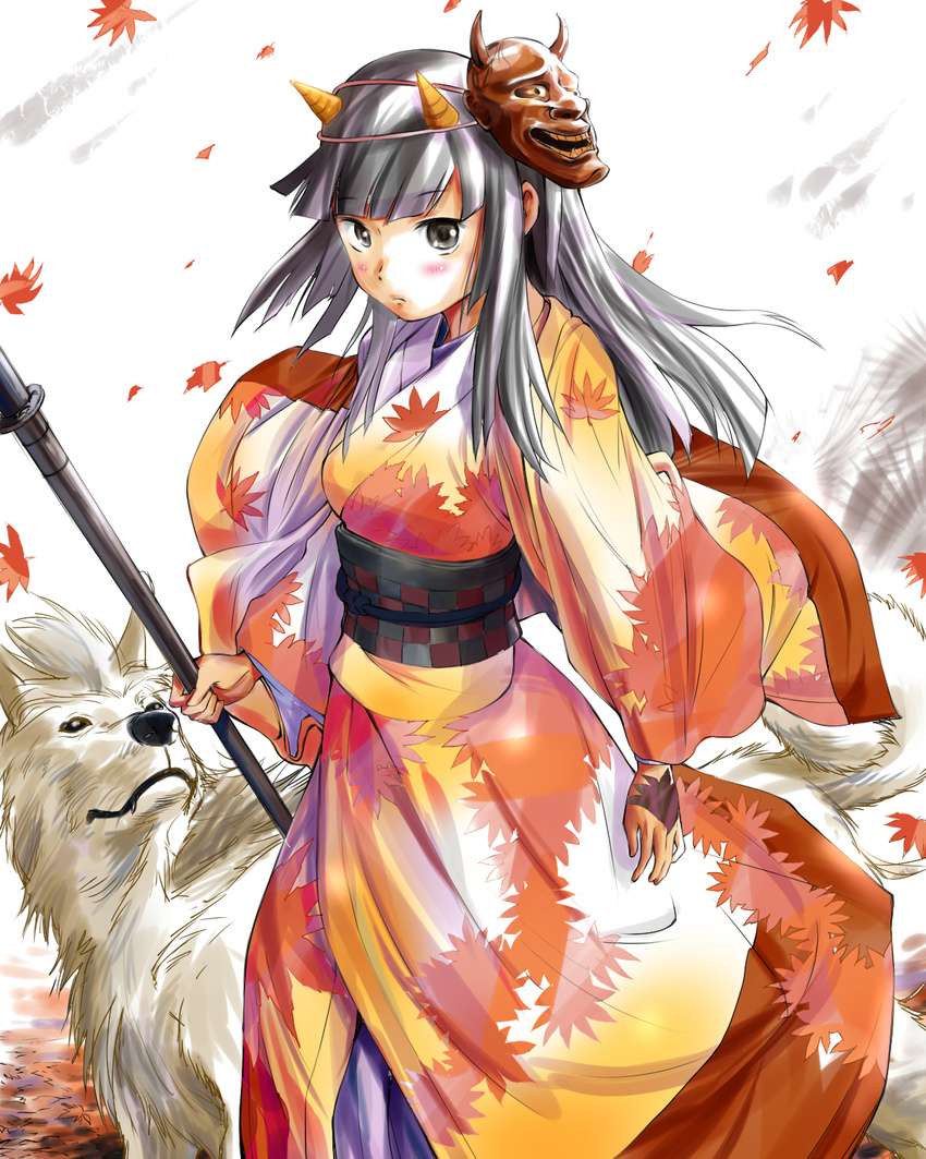 autumn_leaves black_eyes black_hair canine commentary_request female hannya highres hinomoto_oniko horns japanese_clothes leaf long_hair maple_leaf mask munmun oni oni_horns oni_mask original polearm solo weapon