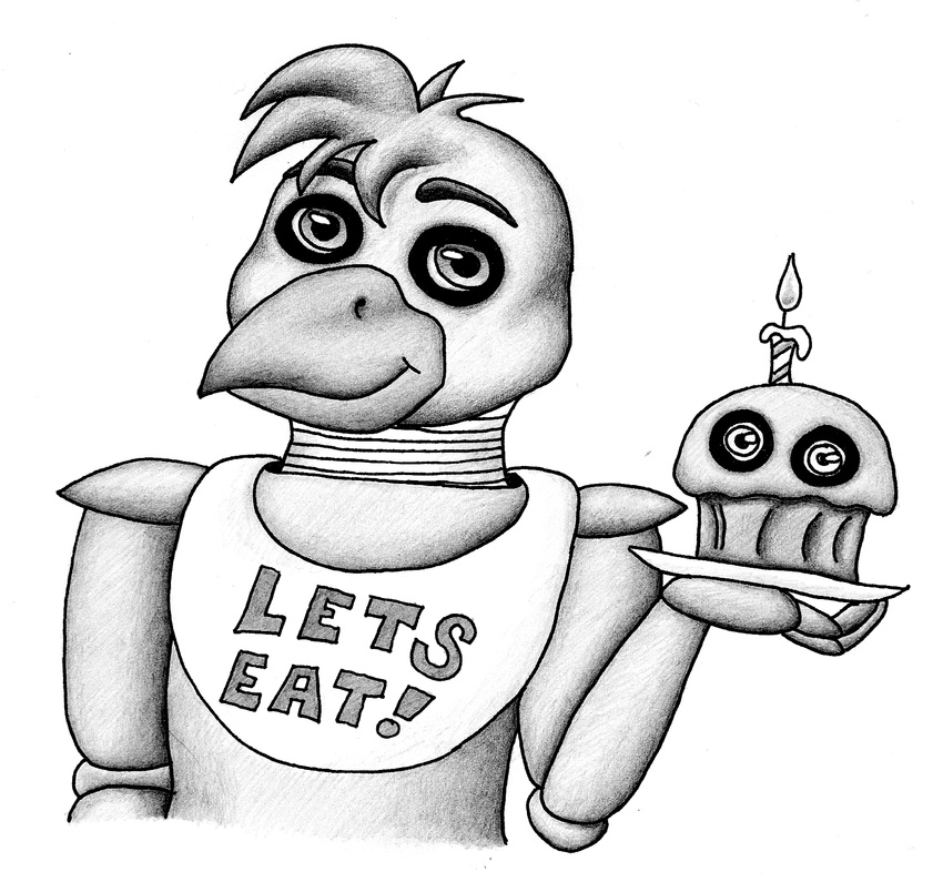 animatronic anthro avian beak bib big_eyes bird candle chica_(fnaf) chicken cupcake_(fnaf) duo eyebrows female fire five_nights_at_freddy's galliform gallus_(genus) hairdo hi_res lets_eat machine monochrome phasianid plate r4v3n_wy7ch robot scottgames simple_background white_background