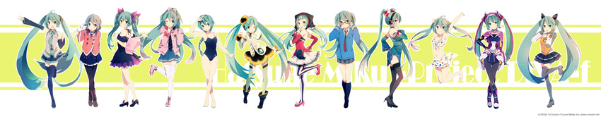 acute_(vocaloid) ahoge arm_up armpits bad_id bad_pixiv_id barefoot bikini boots cat_food_(vocaloid) character_name crossed_legs detached_sleeves dress female finger_to_mouth flower fonewearl_style_(module) glasses gloves hand_on_own_hip hatsune_miku headset heartbeat_(module) high_heels highres innocent_(module) jumping kneehighs lace lace-trimmed_legwear lace_trim long_hair monochro_blue_sky_(vocaloid) necktie netoge_haijin_sprechchor_(vocaloid) odds_&_ends_(vocaloid) one-piece_swimsuit one_eye_closed open_mouth ousaka_nozomi outstretched_arm pansy pantyhose pierretta_(module) polka_dot polka_dot_bikini polka_dot_swimsuit ponytail project_diva_(series) project_diva_f ribbon_girl_(module) shoes sitting skirt smile socks songover striped suigyoku_(module) summer_idol_(vocaloid) swimsuit swimwear_(module) thigh_boots thighhighs twintails vertical_stripes very_long_hair vocaloid watson_cross weekender_girl_(vocaloid) wide_image world's_end_dancehall_(vocaloid) world's_end_umbrella_(vocaloid) yellow_flower