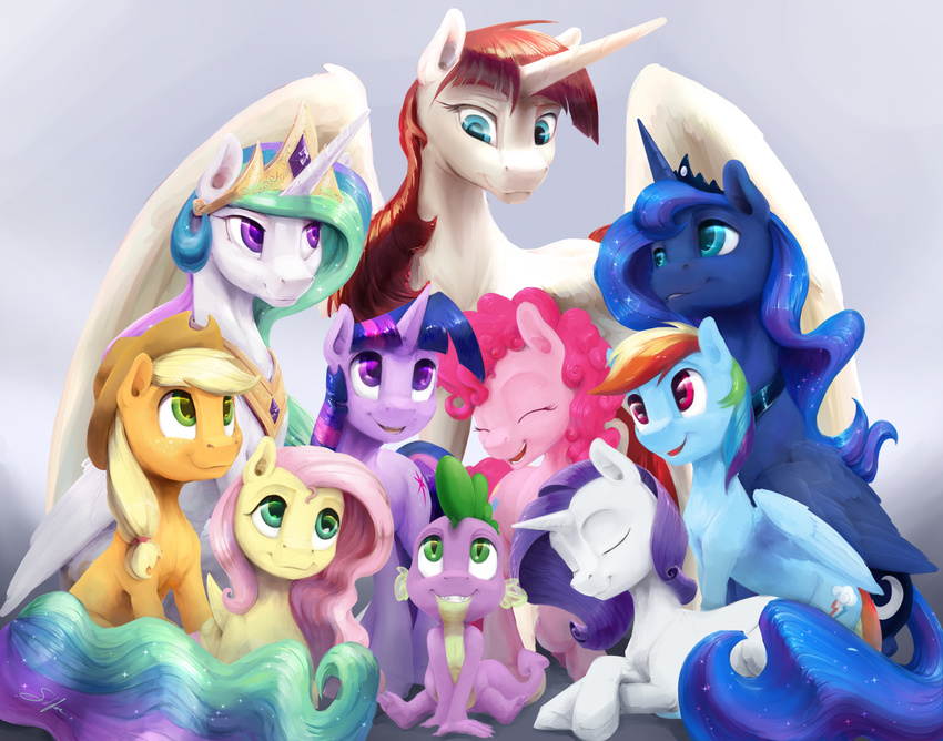 2017 alicorn applejack_(mlp) blonde_hair blue_body blue_feathers blue_hair clothing cowboy_hat crown cutie_mark dragon earth_pony equid equine feathered_wings feathers female feral fluttershy_(mlp) friendship_is_magic green_eyes grey_background group hair hasbro hat headgear headwear horn horse jewelry lauren_faust male mammal mane_six_(mlp) multicolored_hair multicolored_tail my_little_pony mythological_creature mythological_equine mythological_scalie mythology necklace pegasus pink_hair pinkie_pie_(mlp) pony princess_celestia_(mlp) princess_luna_(mlp) purple_eyes purple_hair rainbow_dash_(mlp) rainbow_hair rainbow_tail rarity_(mlp) scalie silfoe simple_background smile spike_(mlp) tail twilight_sparkle_(mlp) two_tone_hair unicorn wings