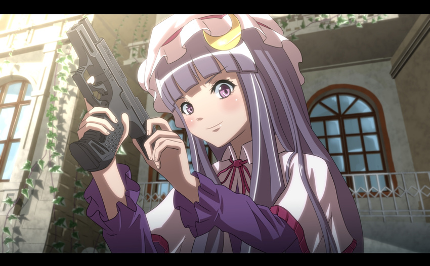 anime_coloring blush capelet commentary_request crescent day female gun handgun hat holding holding_gun holding_weapon letterboxed long_hair outdoors patchouli_knowledge purple_eyes purple_hair smile solo tomon_(slash0410) touhou upper_body very_long_hair walther walther_p99 weapon window