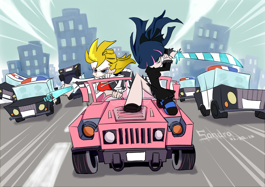 2girls absurdres bad_id bad_pixiv_id blonde_hair blue_eyes blue_hair bow car dress gun hairbow highres hummer hummer_h1 long_hair motor_vehicle multiple_girls panty_&_stocking_with_garterbelt panty_(psg) pantyhose police_car red_dress see-through_(psg) short_dress siblings single_thighhigh sisters smile spark_(sandro) stocking_(psg) striped_clothes striped_pantyhose sword thighhighs vehicle_focus weapon