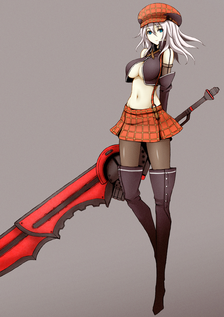 alisa_ilinichina_amiella blue_eyes boots breasts commentary_request elbow_gloves female gloves god_eater god_eater_burst hat highres large_breasts long_hair midriff navel pantyhose photoshop_(medium) skirt solo suspender_skirt suspenders sword thigh_boots thighhighs underboob wakame weapon