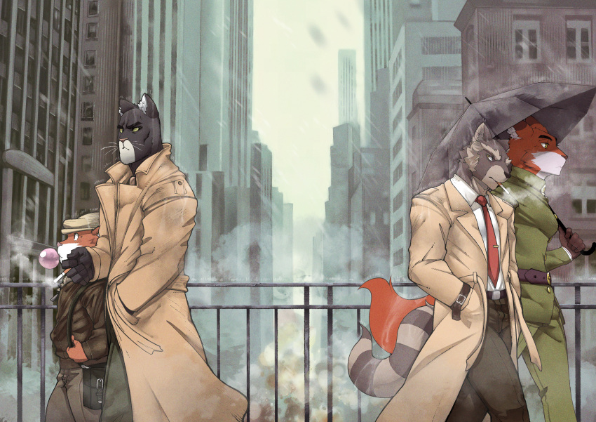 absurd_res anthro belt black_body black_fur blacksad bottomwear breasts canid canine cigarette city cityscape clothed clothing coat crossover dannon-5 digital_media_(artwork) domestic_cat felid feline felis female fox fur grey_body grey_fur group hat headgear headwear hi_res howard_lotor humanoid humanoid_hands jacket john_blacksad least_weasel looking_at_another male male/female male/male mammal markings mustelid musteline pants procyonid raccoon red_body red_fur renee_wilson ring_(marking) ringed_tail smoking striped_markings striped_tail stripes tail tail_markings tails_noir topwear true_musteline umbrella weasel weekly