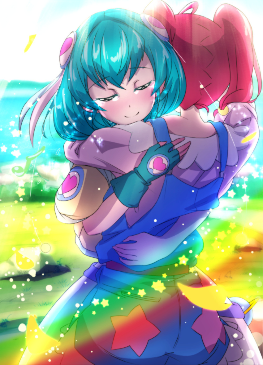 2girls aqua_hair blue_gloves closed_eyes closed_mouth commentary_request fingerless_gloves gloves grylls_kuma hagoromo_lala highres hoshina_hikaru hug multicolored_hair multiple_girls pink_hair precure red_hair short_hair smile star_(symbol) star_twinkle_precure streaked_hair tears twintails