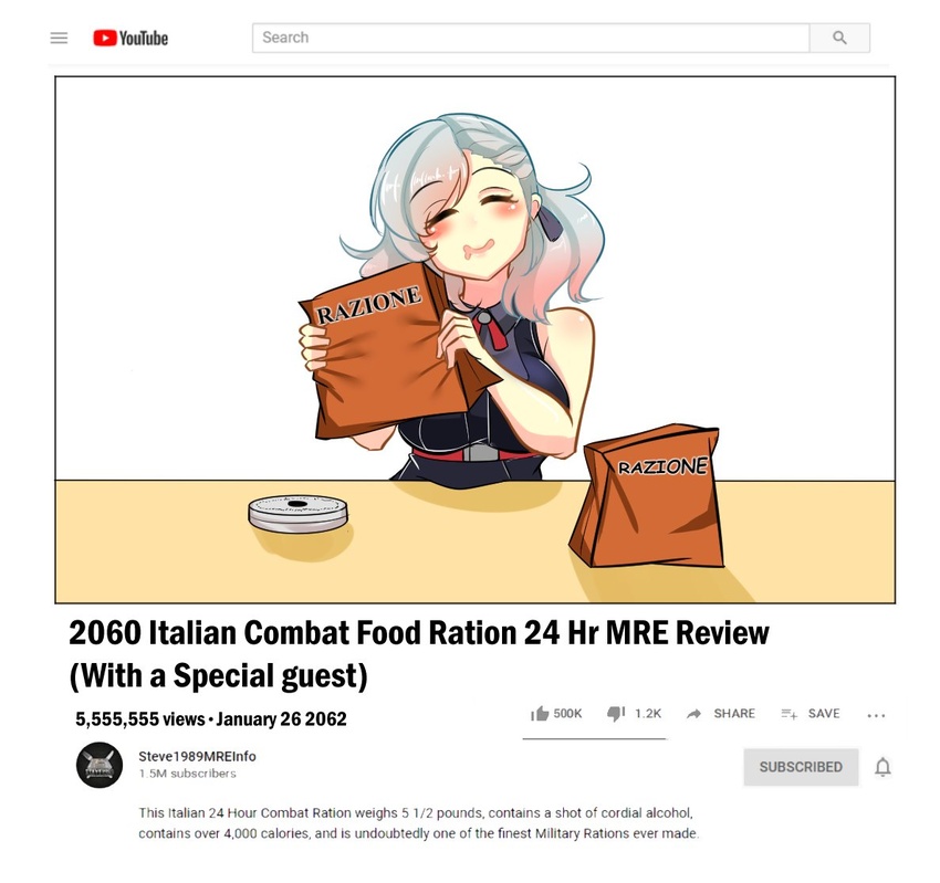 abineko blush breasts closed_eyes commentary crossover dated drooling english_commentary english_text fake_video female field_ration girls'_frontline grey_hair large_breasts mouth_drool open_mouth sleeveless solo spas-12_(girls'_frontline) steve1989mreinfo white_background youtube youtube_logo