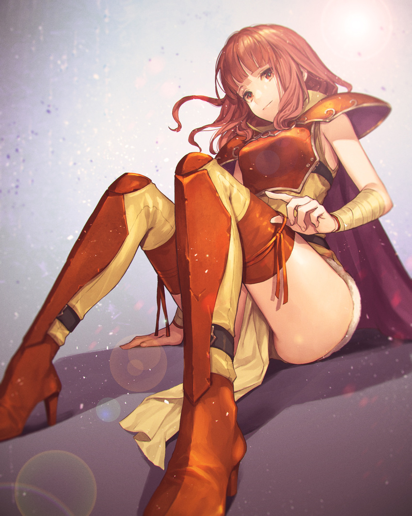 arm_support armlet armor blunt_bangs blurry boots breastplate cape celica_(fire_emblem) celica_(warrior_princess)_(fire_emblem) commentary_request depth_of_field female fire_emblem fire_emblem_echoes:_shadows_of_valentia fire_emblem_gaiden fire_emblem_heroes fujikawa_arika gradient_background hand_on_floor head_tilt high_heels highres leg_armor leg_ribbon lens_flare light_particles long_hair looking_at_viewer on_floor red_armor red_cape red_eyes red_footwear red_hair red_ribbon red_thighhighs ribbon shoulder_armor sidelocks simple_background sitting solo strap thigh_boots thighhighs tunic zettai_ryouiki